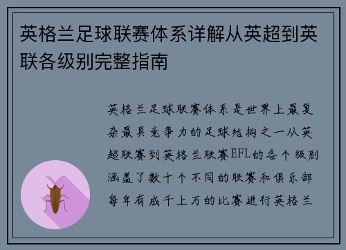 英格兰足球联赛体系详解从英超到英联各级别完整指南